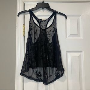 Crystal K Black Lace Flowy Oversized Tank Top Racerback Small Sheer Floral Lacy